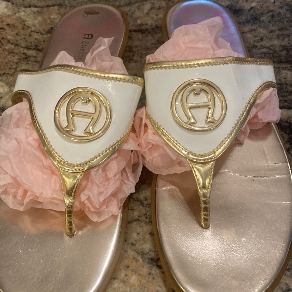 Etienne Aigner White Patent Leather Sandals. Barely Worn 8 1/2